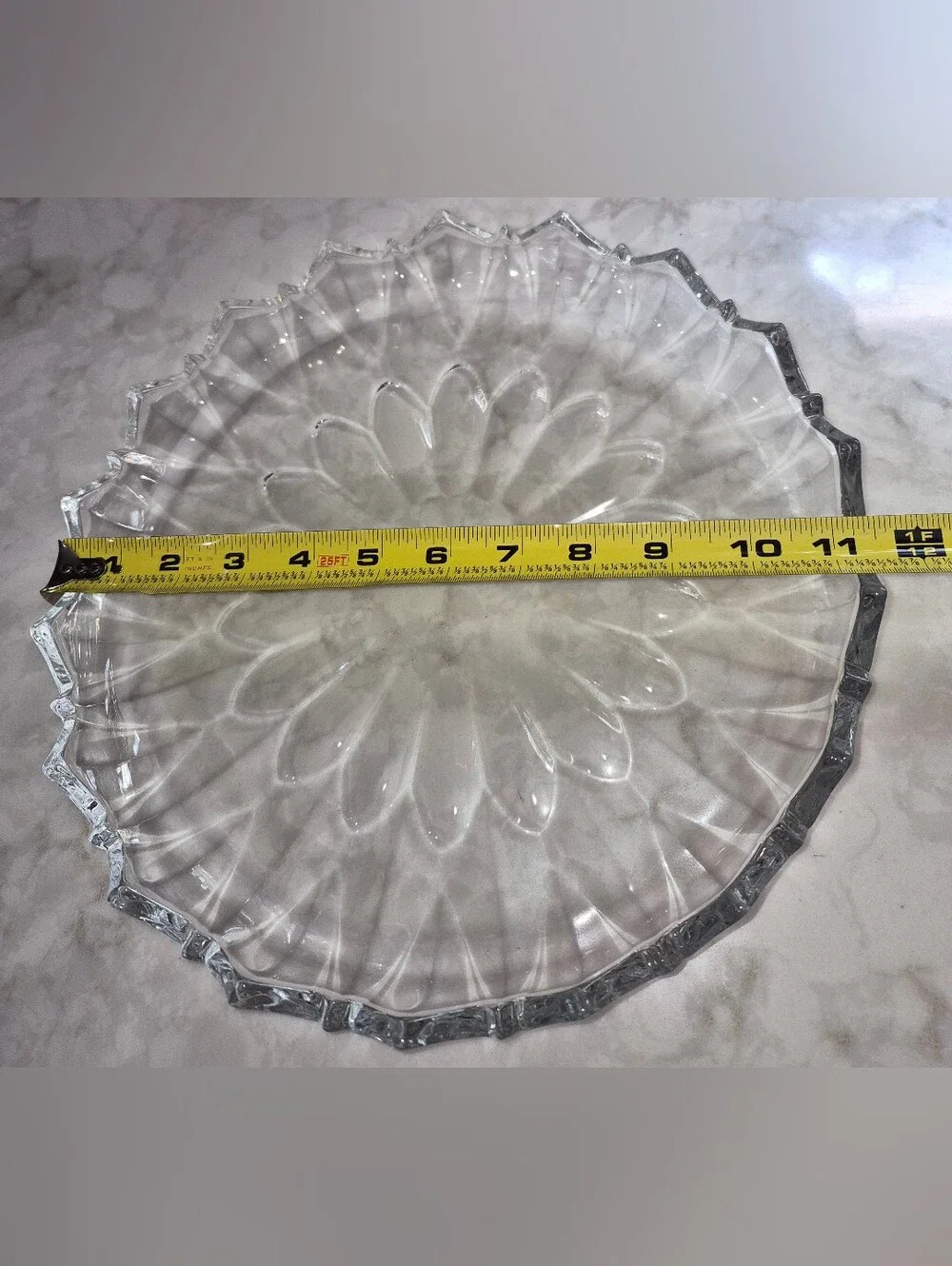 Vintage clear pressed-glass serving platter,  Radial Sunflower Scalloped Rim